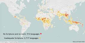 World map showing languages without Scripture or Bible translation work